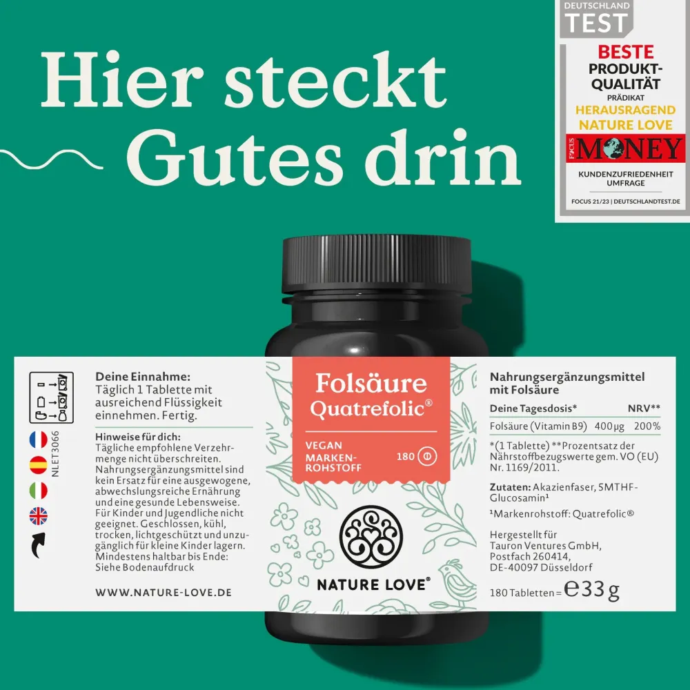 ® Folsäure Quatrefolic® – 180 Tabletten – 400 μg pro Tablette>NATURE LOVE Discount