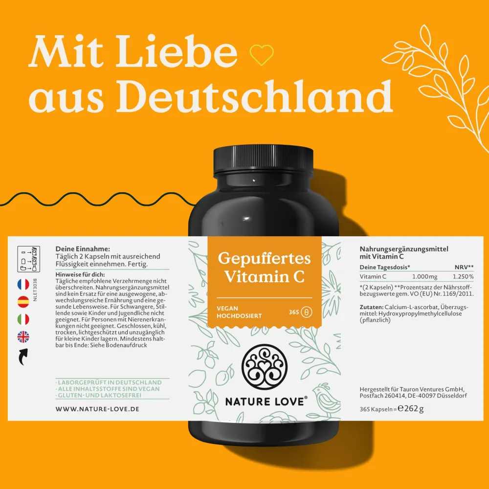 ® Gepuffertes Vitamin C - Hochdosiert mit 1000mg Vitamin C je Tagesdosis - 365 Kapseln|NATURE LOVE New