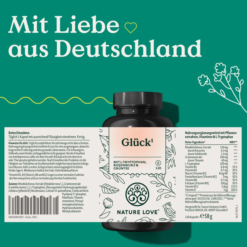 NATURE LOVE® Glück Rhodiola Rosea-Extrakt, L-Tryptophan, Rosenwurz- und Grünteeextrakt – 120 Kapseln| Outlet