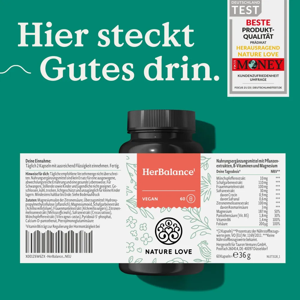 NATURE LOVE® HerBalance für Frauen – 60 Kapseln – Mönchspeffer, Magnesium, Vitamin B6, Folsäure| Sale