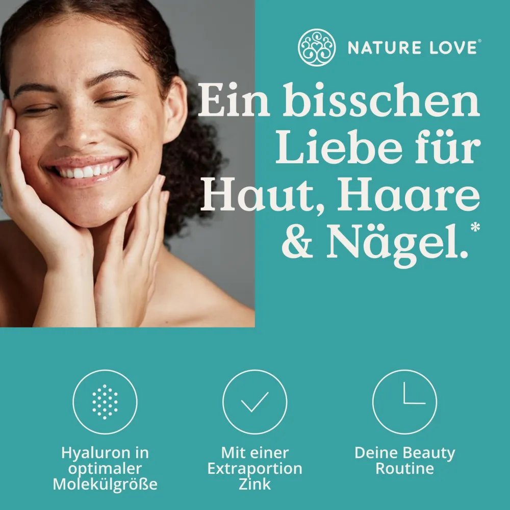 ® Hyaluron Kapseln mit Zink - Hochdosiert mit 500mg - für Haut, Haare & Nägel|NATURE LOVE Best