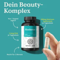 ® Hyaluron Kapseln mit Zink - Hochdosiert mit 500mg - für Haut, Haare & Nägel|NATURE LOVE Best