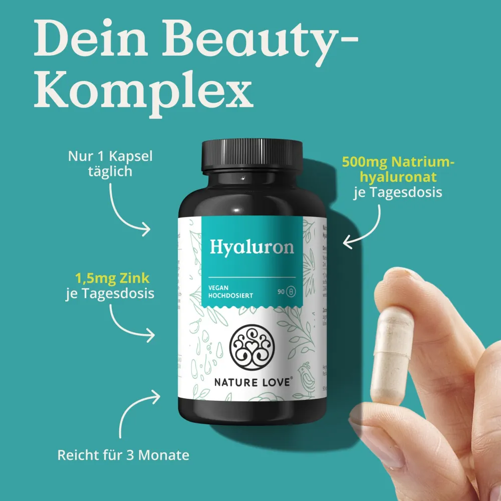 ® Hyaluron Kapseln mit Zink - Hochdosiert mit 500mg - für Haut, Haare & Nägel|NATURE LOVE Best