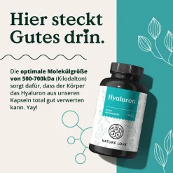 ® Hyaluron Kapseln mit Zink - Hochdosiert mit 500mg - für Haut, Haare & Nägel|NATURE LOVE Best