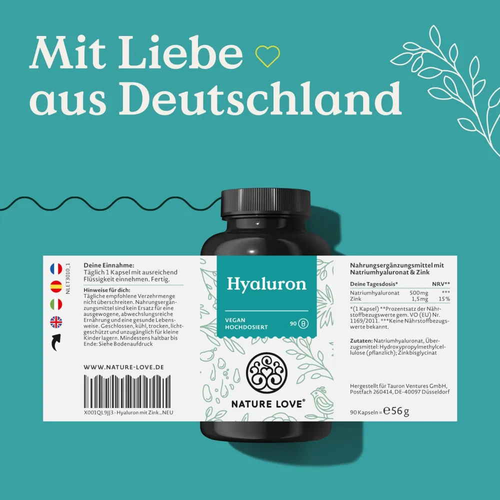 ® Hyaluron Kapseln mit Zink - Hochdosiert mit 500mg - für Haut, Haare & Nägel|NATURE LOVE Best