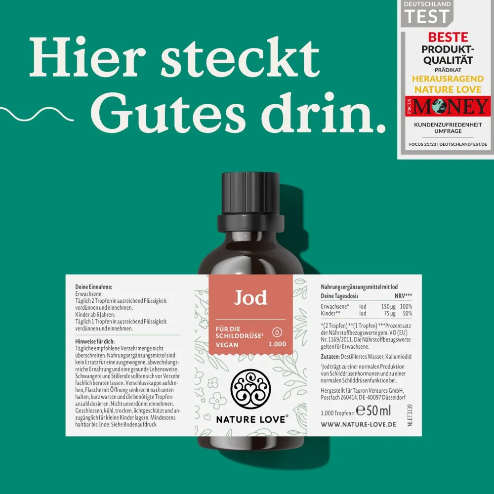 NATURE LOVE® Jod Tropfen - 150µg 50ml - alkoholfrei und vegan - geschmacksneutral>