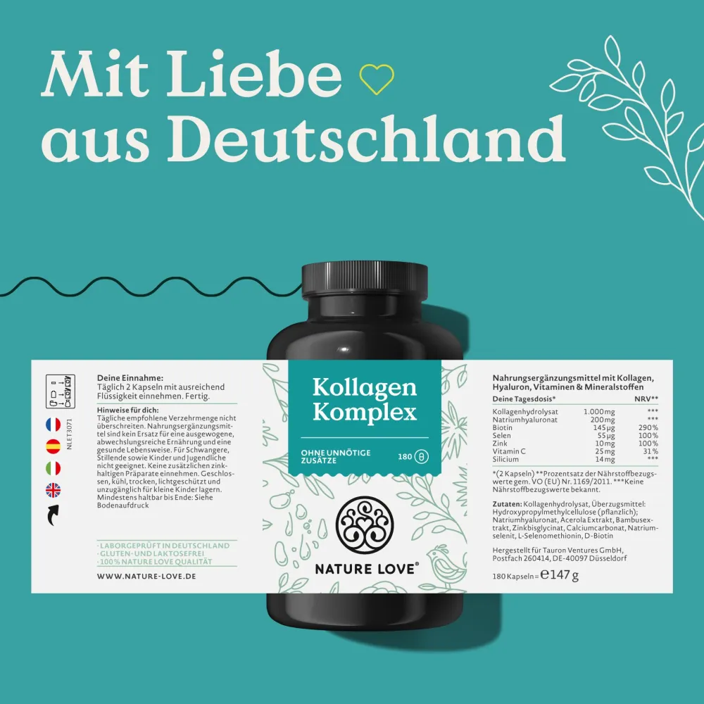 ® Kollagen Komplex – 180 Kapseln mit Hyaluron, Biotin, Zink, Selen, Vitamin C & Silicium|NATURE LOVE Outlet