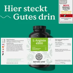 ® L-Arginin - 365 Kapseln - Hochdosiert: 4500mg HCL (davon 3.750 mg Arginin)/Tagesdosis>NATURE LOVE New