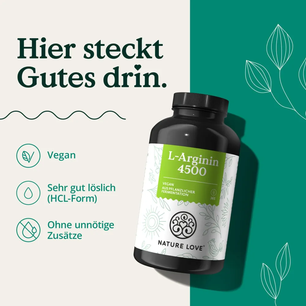 ® L-Arginin - 365 Kapseln - Hochdosiert: 4500mg HCL (davon 3.750 mg Arginin)/Tagesdosis>NATURE LOVE New
