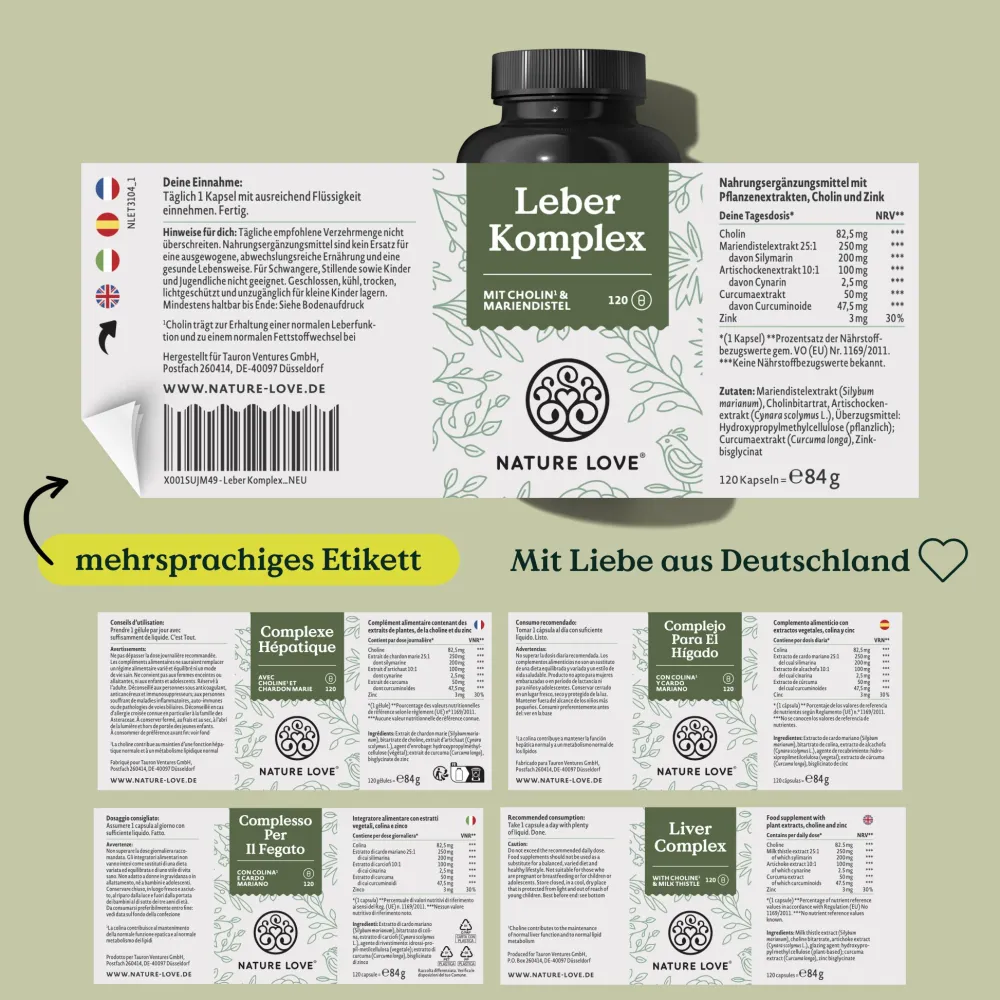 ® Leber Komplex - 120 Kapseln - Mariendistel, Cholin, Artischockenextrakt, Curcuma & Zink|NATURE LOVE Discount