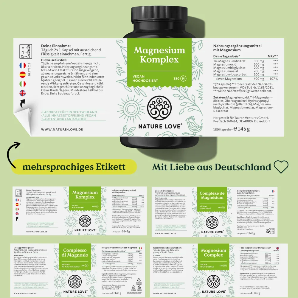 ® Magnesium Komplex - 180 Kapseln - 400mg elementares Magnesium/Tagesdosis>NATURE LOVE Clearance