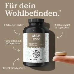 ® MSM 2000mg mit Vitamin C - 365 Tabletten - Kompakteres MSM Pulver als bei Kapseln|NATURE LOVE Clearance