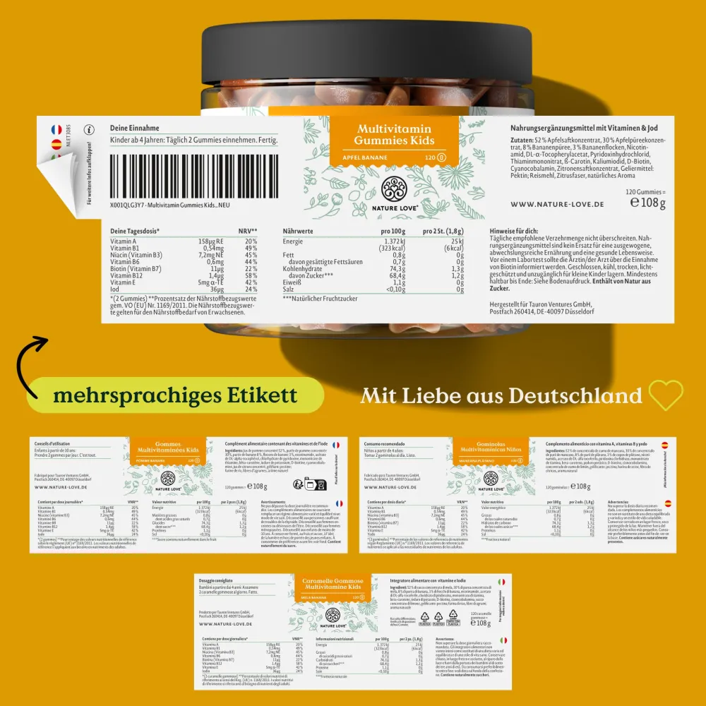® Multivitamin Gummies Kids – 120 Stk – ohne Zuckerzusatz – Vit A, B1, B3, B6, B7, B12, E|NATURE LOVE