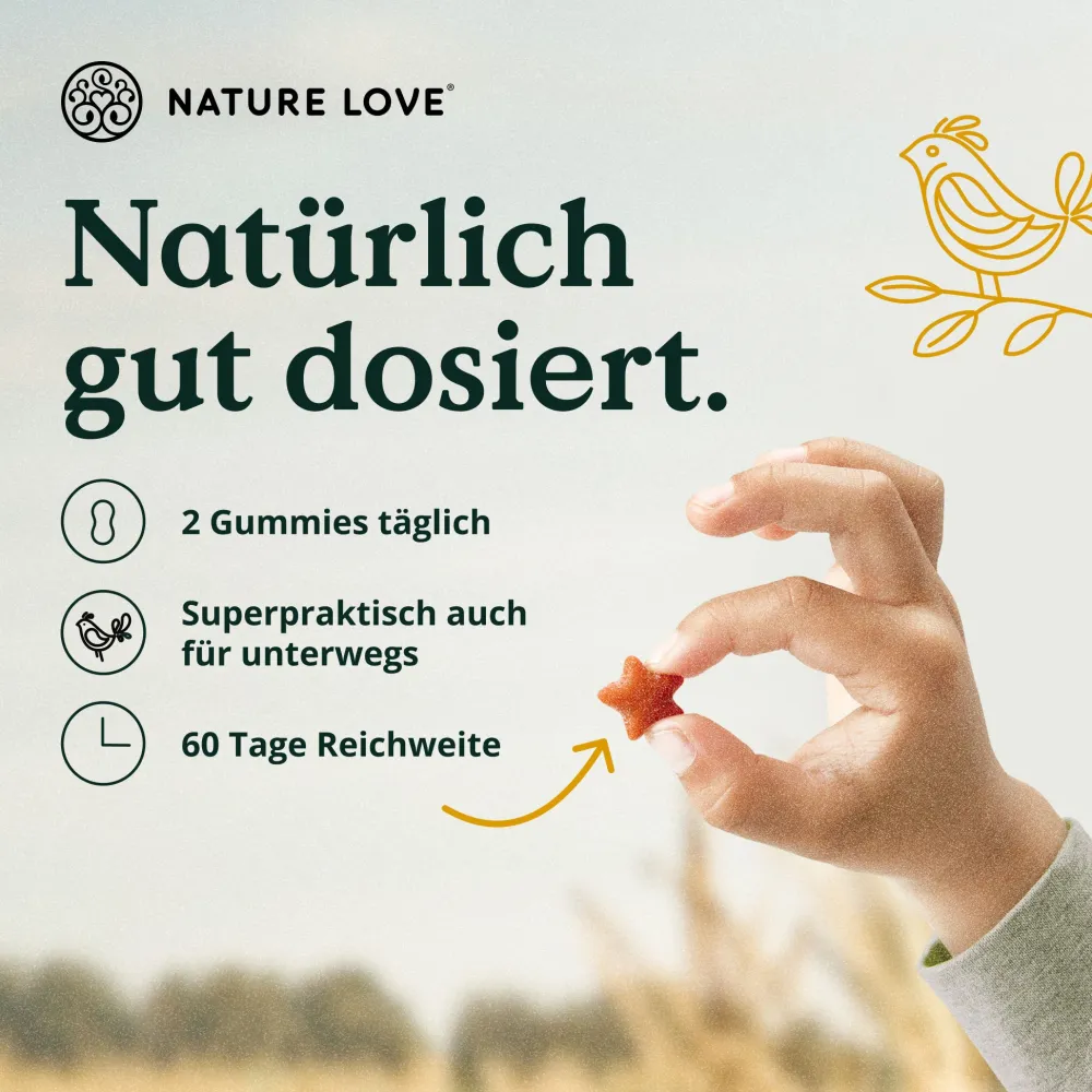 ® Multivitamin Gummies Kids – 120 Stk – ohne Zuckerzusatz – Vit A, B1, B3, B6, B7, B12, E|NATURE LOVE