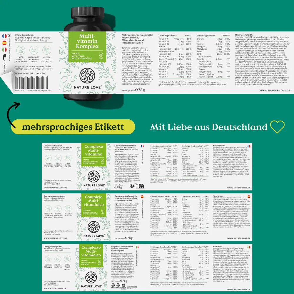 NATURE LOVE® Multivitamin Komplex – 180 Kapseln – Vit A-Z & Mineralstoffe – Grünteeextrakt> Online