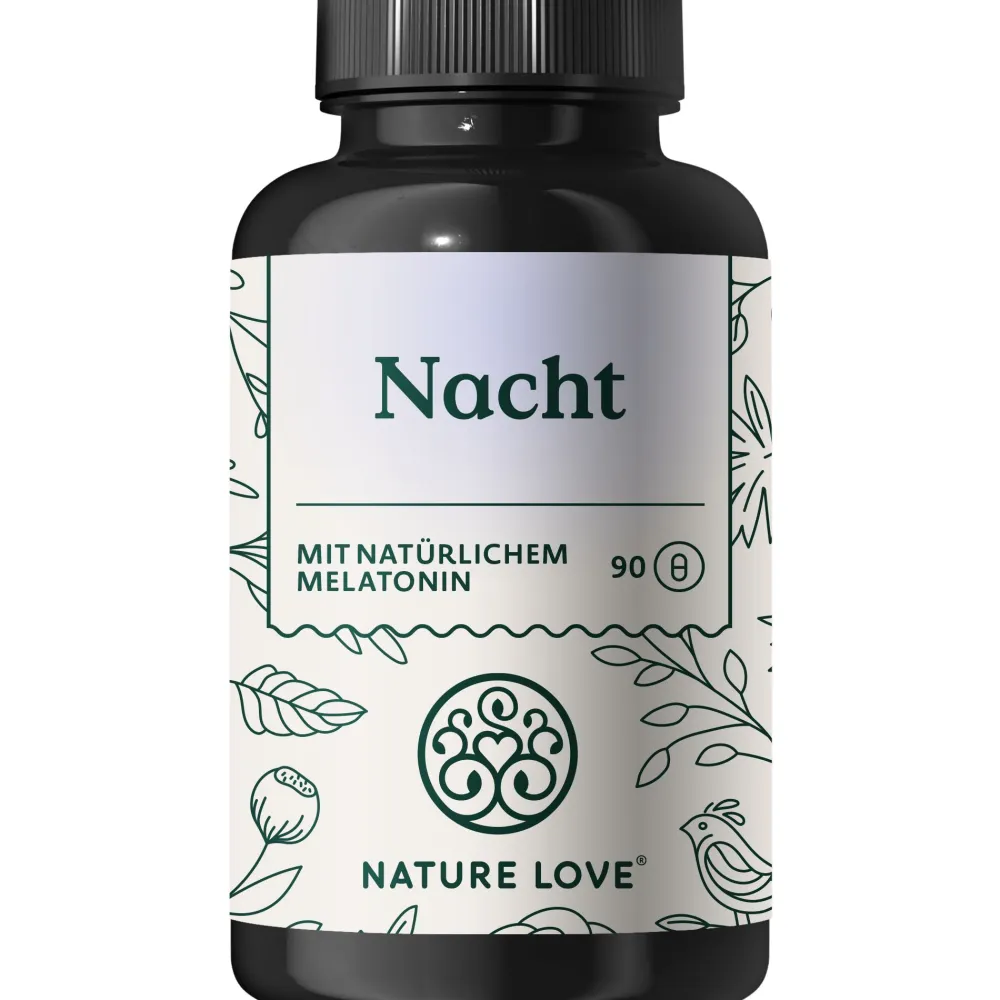 NATURE LOVE® Nacht - 90 Stk - natürliches Melatonin, Ashwagandha, Baldrian - 0,5mg Melatonin/Kapsel>