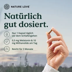 NATURE LOVE® Nacht - 90 Stk - natürliches Melatonin, Ashwagandha, Baldrian - 0,5mg Melatonin/Kapsel>