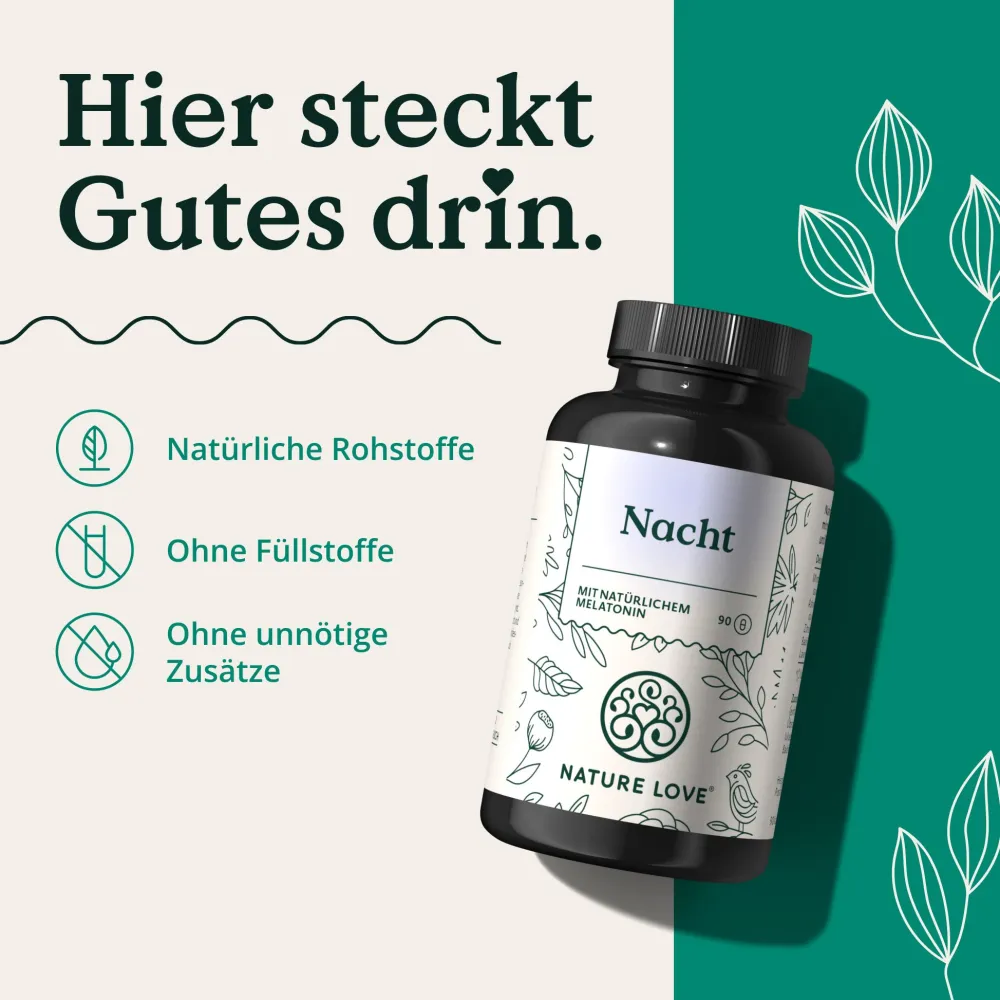 NATURE LOVE® Nacht - 90 Stk - natürliches Melatonin, Ashwagandha, Baldrian - 0,5mg Melatonin/Kapsel>