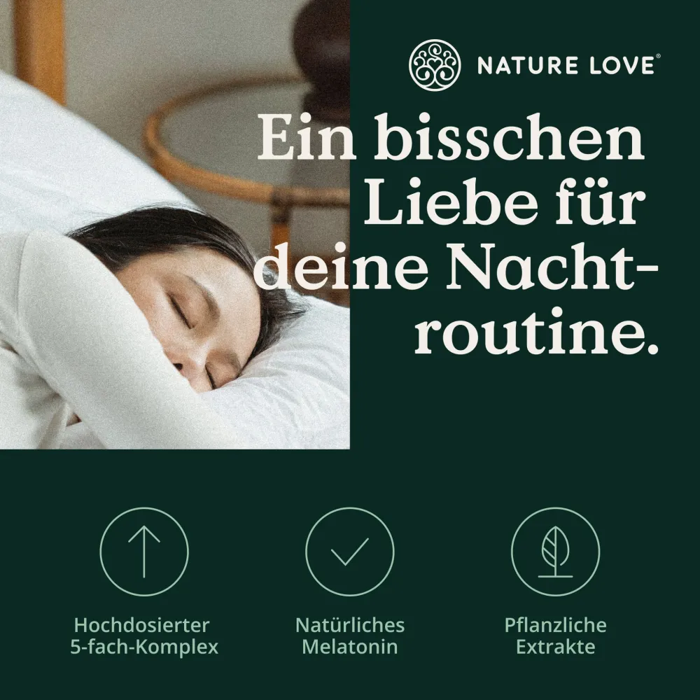 NATURE LOVE® Nacht - 90 Stk - natürliches Melatonin, Ashwagandha, Baldrian - 0,5mg Melatonin/Kapsel>