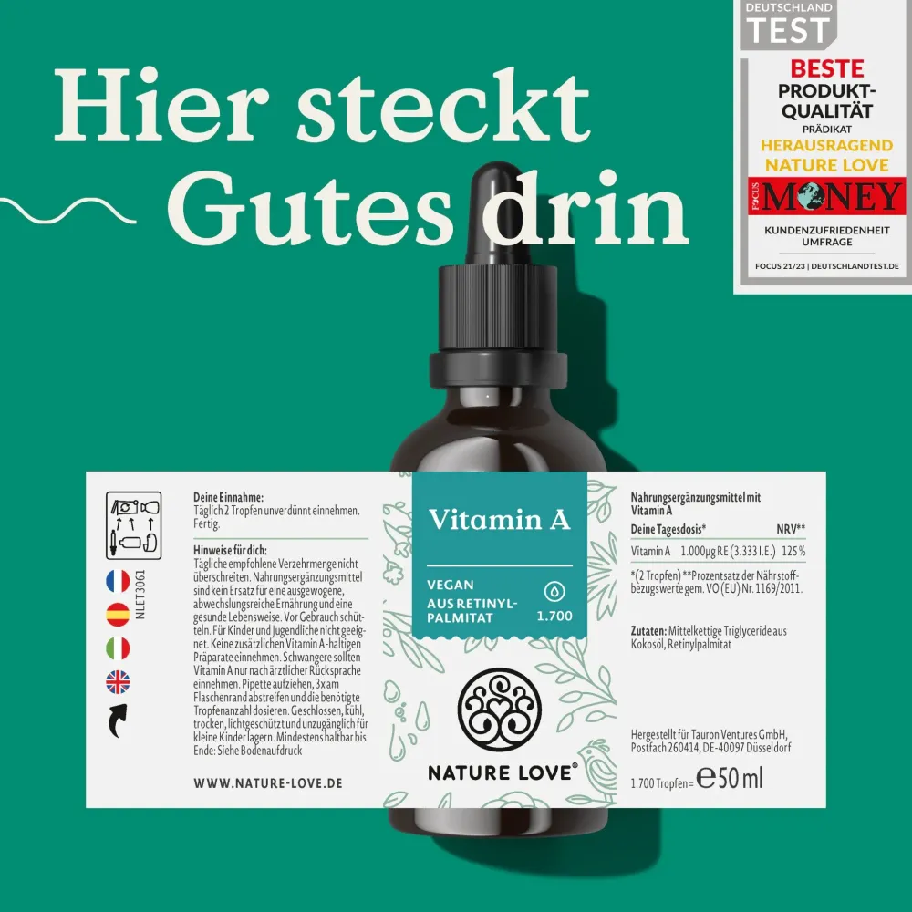 ® Vitamin A Tropfen – 50 ml (1.700 Tropfen) - Retinol aus Retinylpalmitat in MCT-Öl|NATURE LOVE Discount