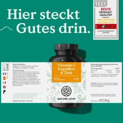 NATURE LOVE® Vitamin C Gepuffert & Zink – 180 Kapseln – hochdosiert 1000mg + 15mg Zink| Sale