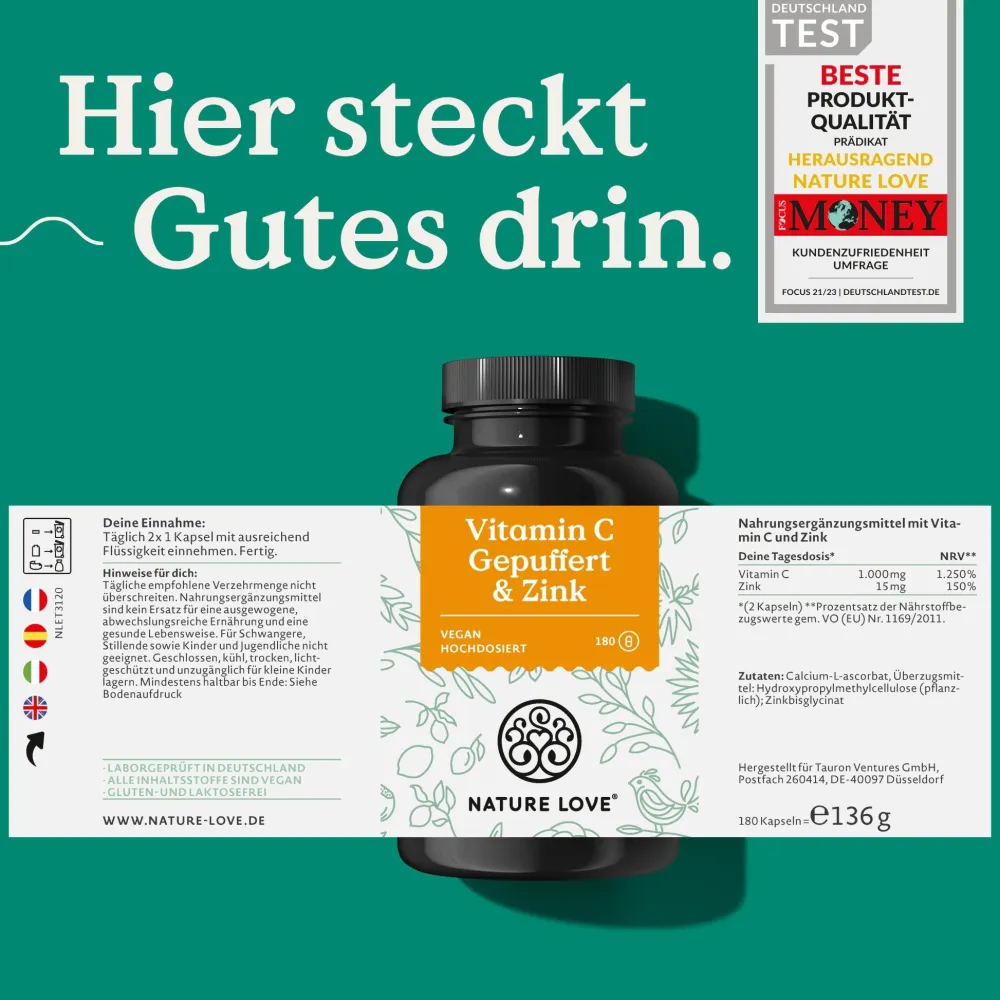 NATURE LOVE® Vitamin C Gepuffert & Zink – 180 Kapseln – hochdosiert 1000mg + 15mg Zink| Sale