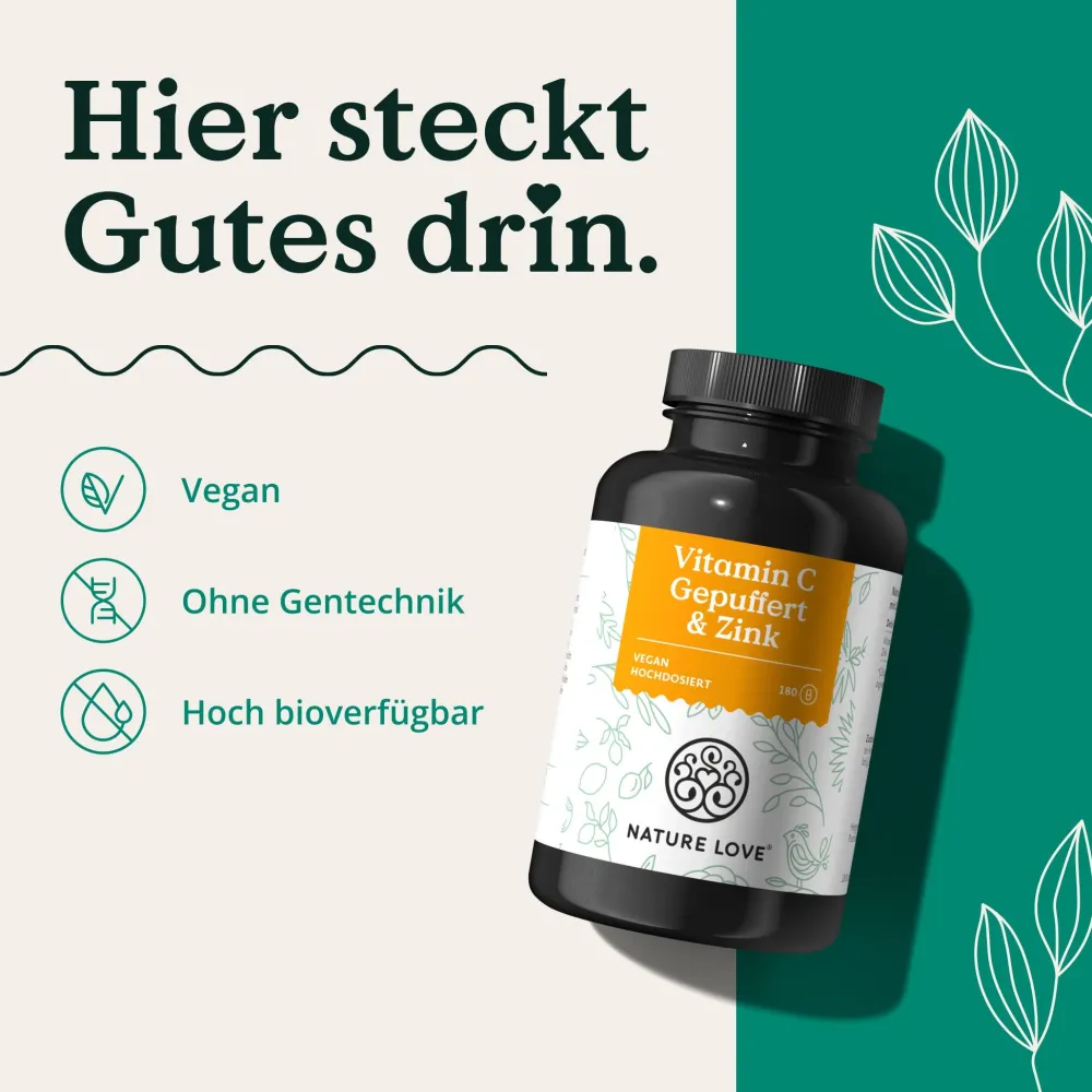 NATURE LOVE® Vitamin C Gepuffert & Zink – 180 Kapseln – hochdosiert 1000mg + 15mg Zink| Sale
