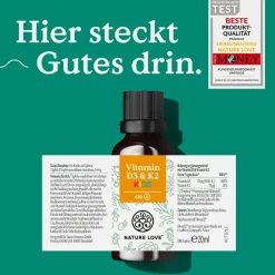 NATURE LOVE® Vitamin D3 + K2 Kinder (20ml) - 800 I.E. Vitamin D3/Tagesdosis - optimal für kids| Discount