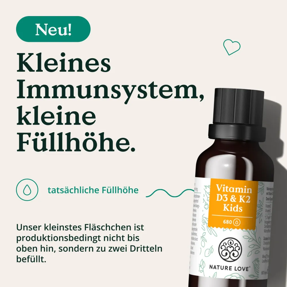 NATURE LOVE® Vitamin D3 + K2 Kinder (20ml) - 800 I.E. Vitamin D3/Tagesdosis - optimal für kids| Discount