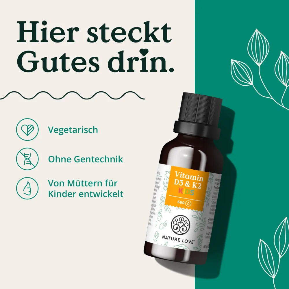 NATURE LOVE® Vitamin D3 + K2 Kinder (20ml) - 800 I.E. Vitamin D3/Tagesdosis - optimal für kids| Discount