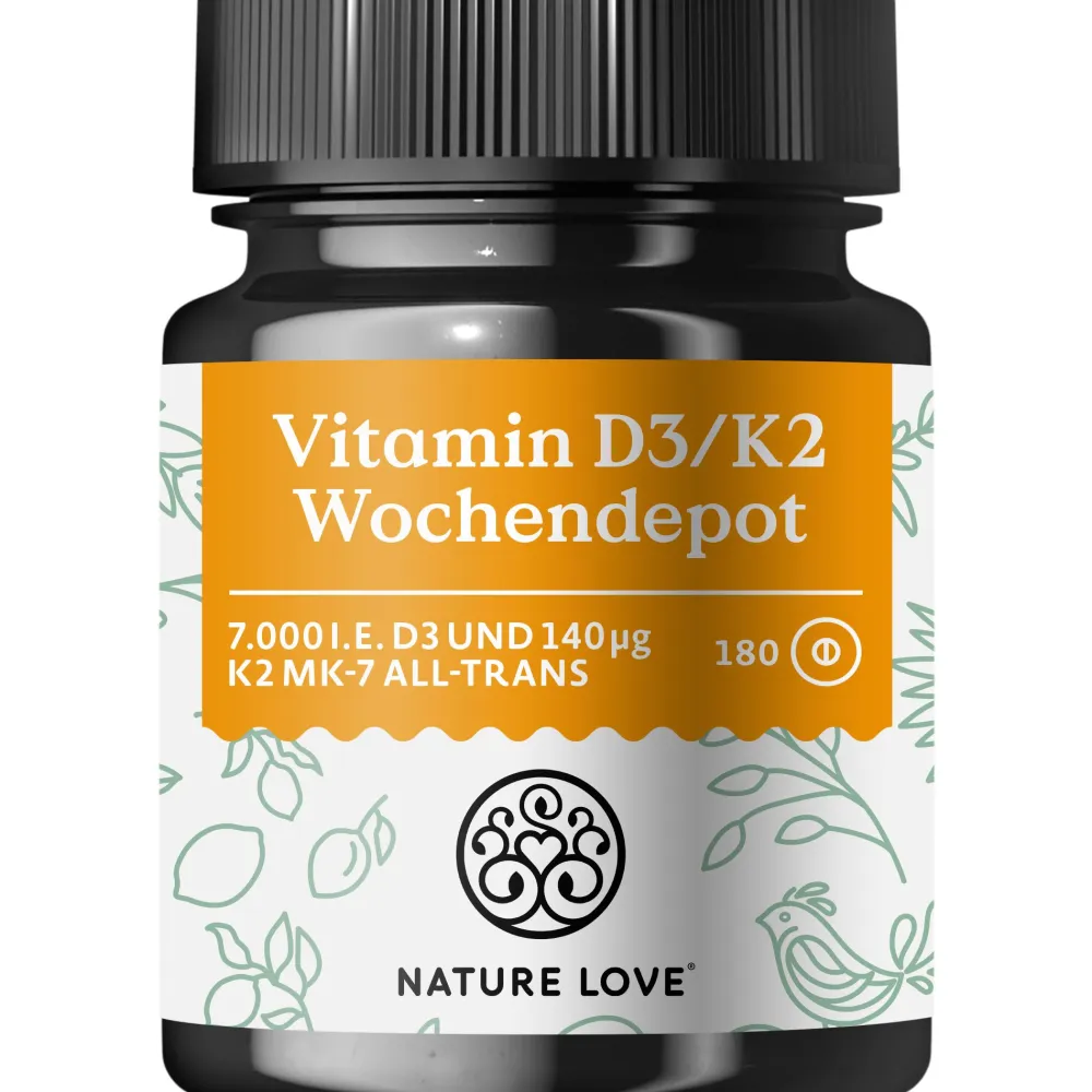 ® Vitamin D3 K2 Wochendepot – 180 Stück – 7000IE D3 + 140µg K2/Tablette >99,7% all-trans>NATURE LOVE Outlet