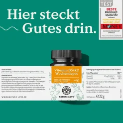 ® Vitamin D3 K2 Wochendepot – 180 Stück – 7000IE D3 + 140µg K2/Tablette >99,7% all-trans>NATURE LOVE Outlet