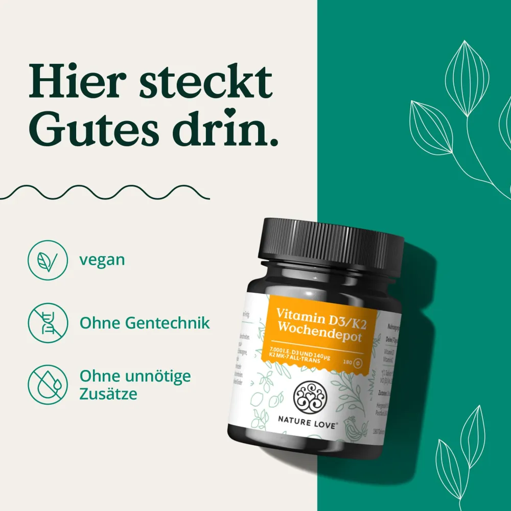 ® Vitamin D3 K2 Wochendepot – 180 Stück – 7000IE D3 + 140µg K2/Tablette >99,7% all-trans>NATURE LOVE Outlet
