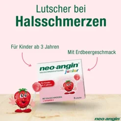 Junior Halsschmerzlutscher mit leckerem Erdbeergeschmack für Kinder ab 3 Jahren|neo-angin