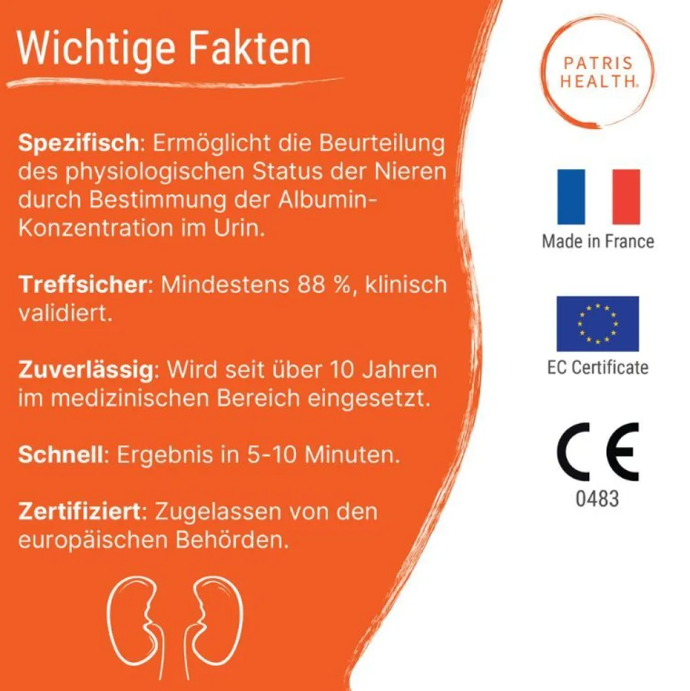 Nierenfunktionstest - Albumin Urin Selbsttest für Zuhause, Niere prüfen - Patris Health®| Outlet