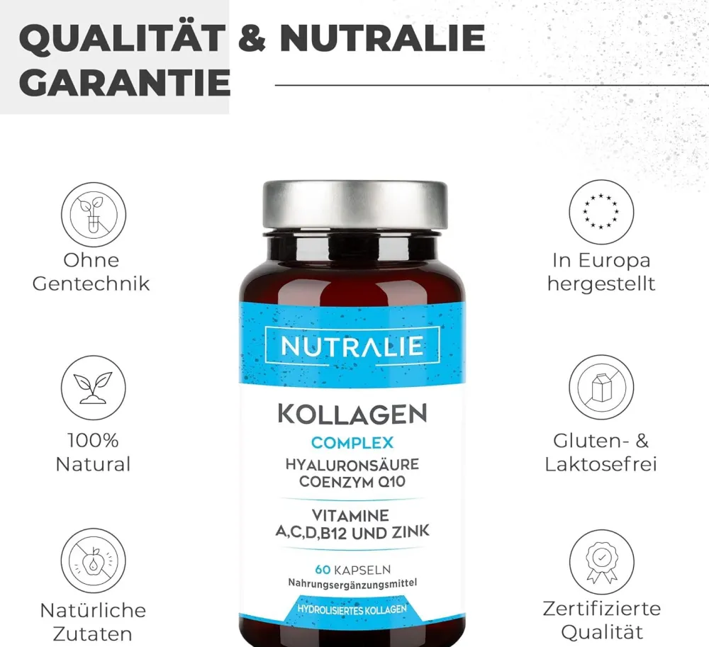 Nutralie Kollagen + Hyaluronsäure + Coenzym Q10 + Vitamine A, C, D und B12 + Zink|