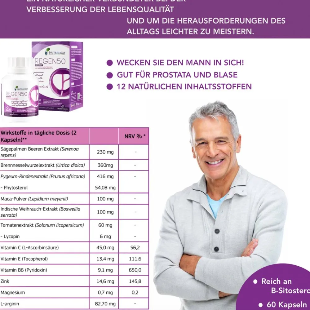 Nutrilago® REGEN50 STRONG -PROSTATA, MÄNNERGESUNDHEIT, LIBIDO, Komplex-Reich an Beta-Sitosterol uvm.| Clearance