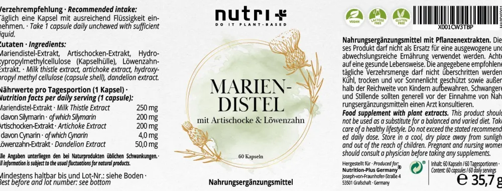 Mariendistel Kapseln mit Artischocke + Löwenzahn>nutri+ Sale