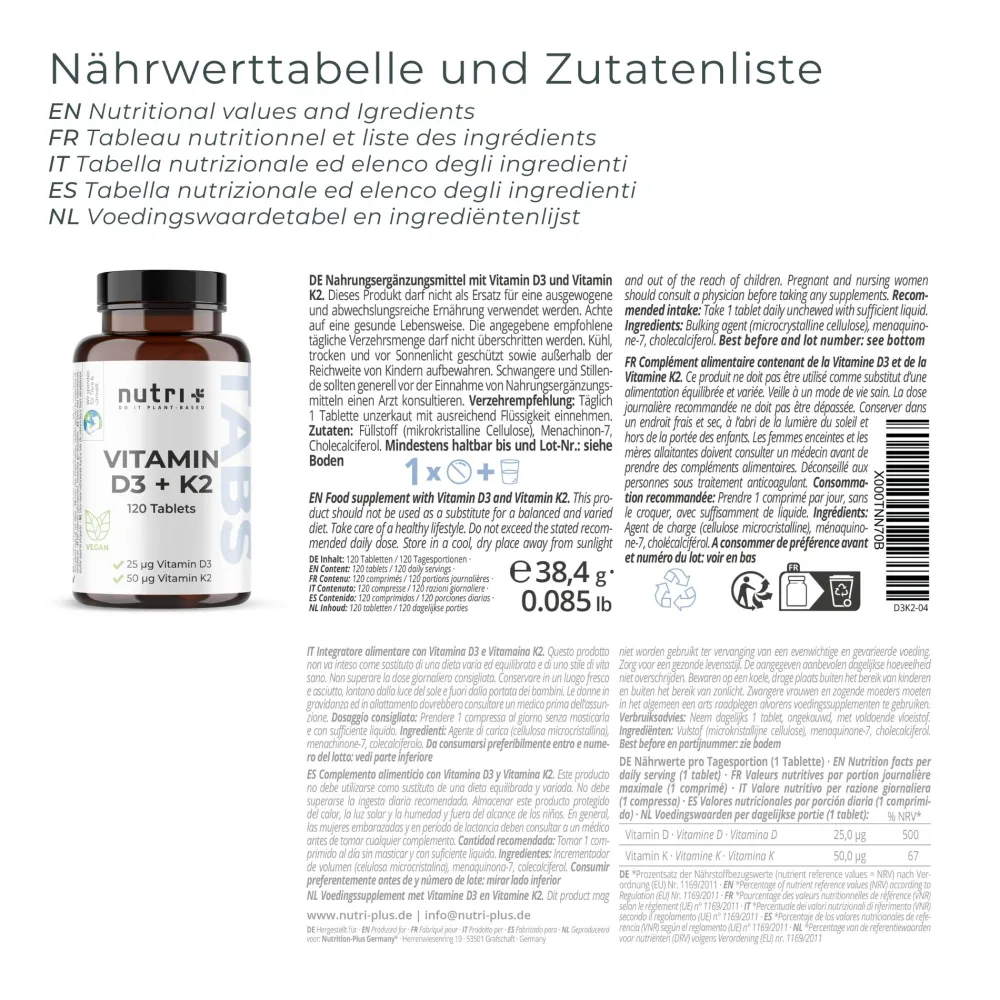 nutri+ Vitamin D3 K2 Tabletten Depot - vegan und hochdosiert| Clearance