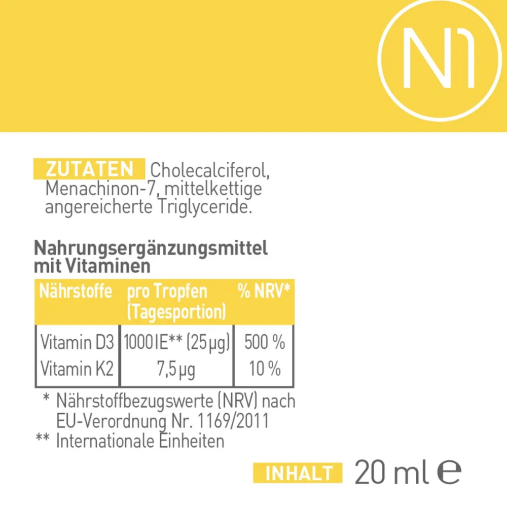 N1 Vitamin D3 K2 Öl – 1.000 I.E pro Tropfen - das Sonnenvitamin für deinen Alltag>