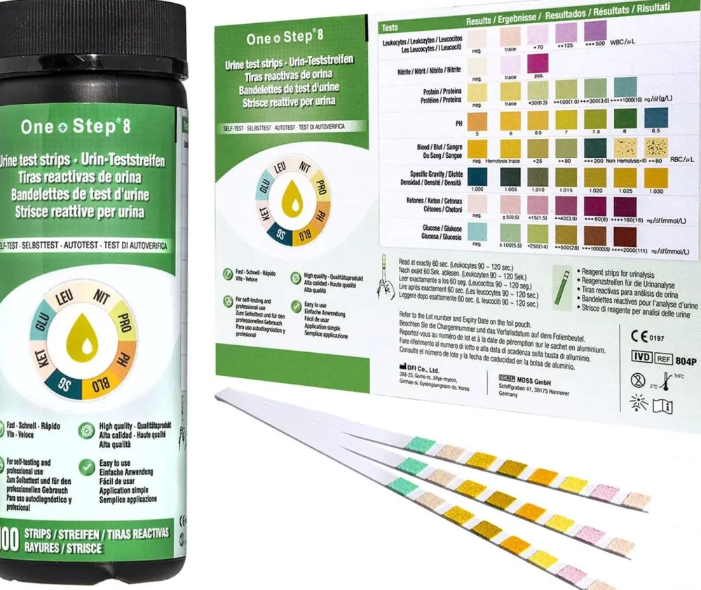 100 One+Step Urinteststreifen für 8 Indikatoren - Gesundheitstest inkl. Referenzfarbkarte>one-step