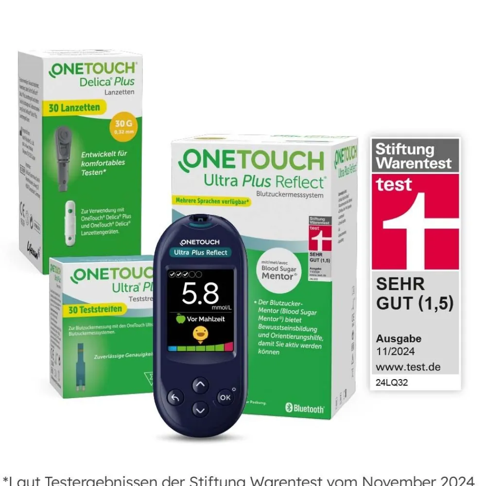 OneTouch Ultra Plus Reflect® Diabetes Starter-Set XL mmol/l, 40 Teststreifen, 40 sterile Lanzetten, 1 Stechhilfe| New