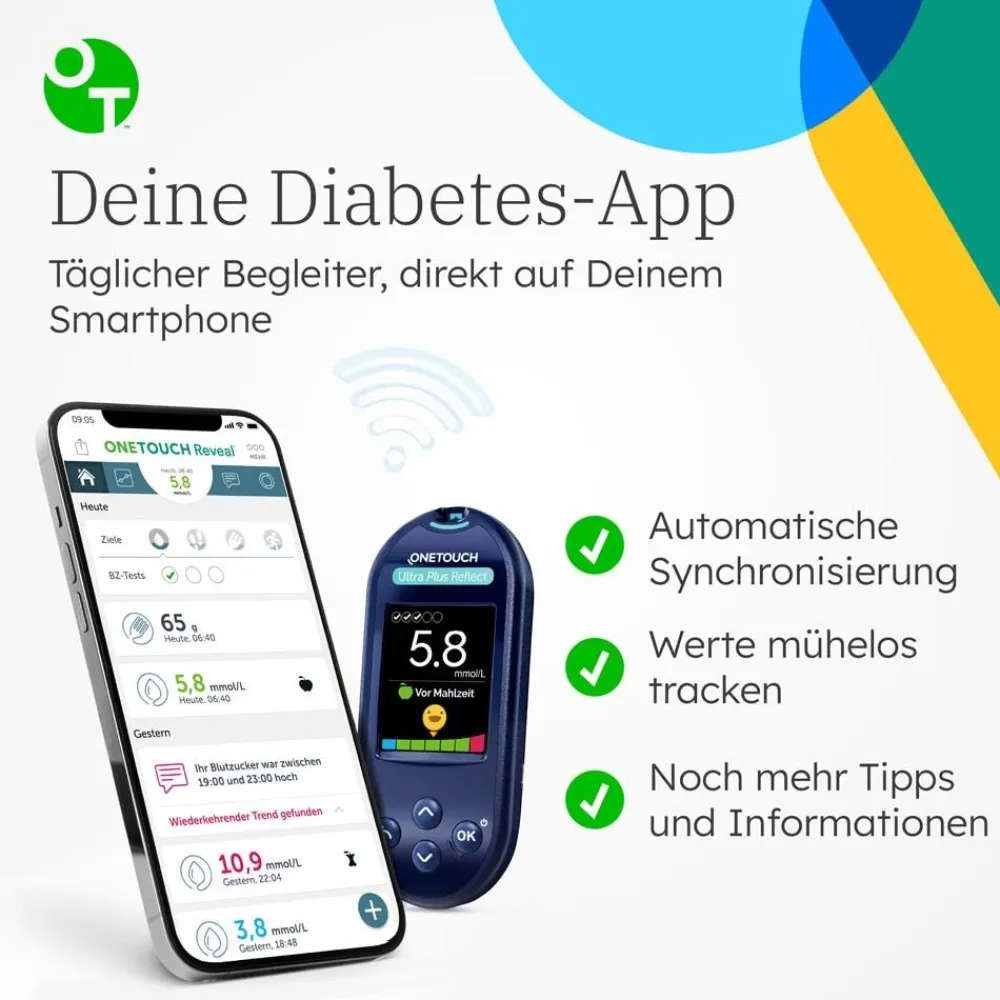 OneTouch Ultra Plus Reflect® Diabetes Starter-Set XL mmol/l, 40 Teststreifen, 40 sterile Lanzetten, 1 Stechhilfe| New