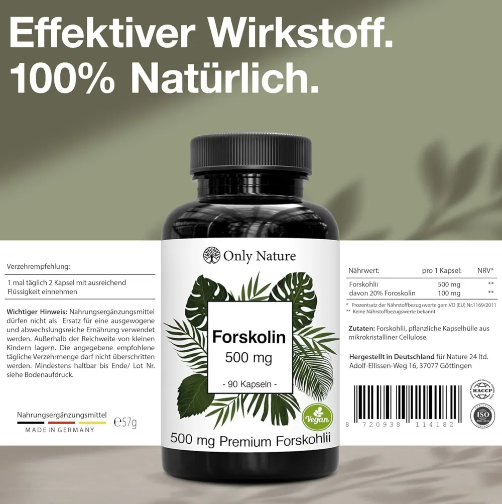 Only Nature® Forskolin 500 mg – Pflanzliche Unterstützung der Blase – Hochdosiert mit 20 % Forskolin| Sale
