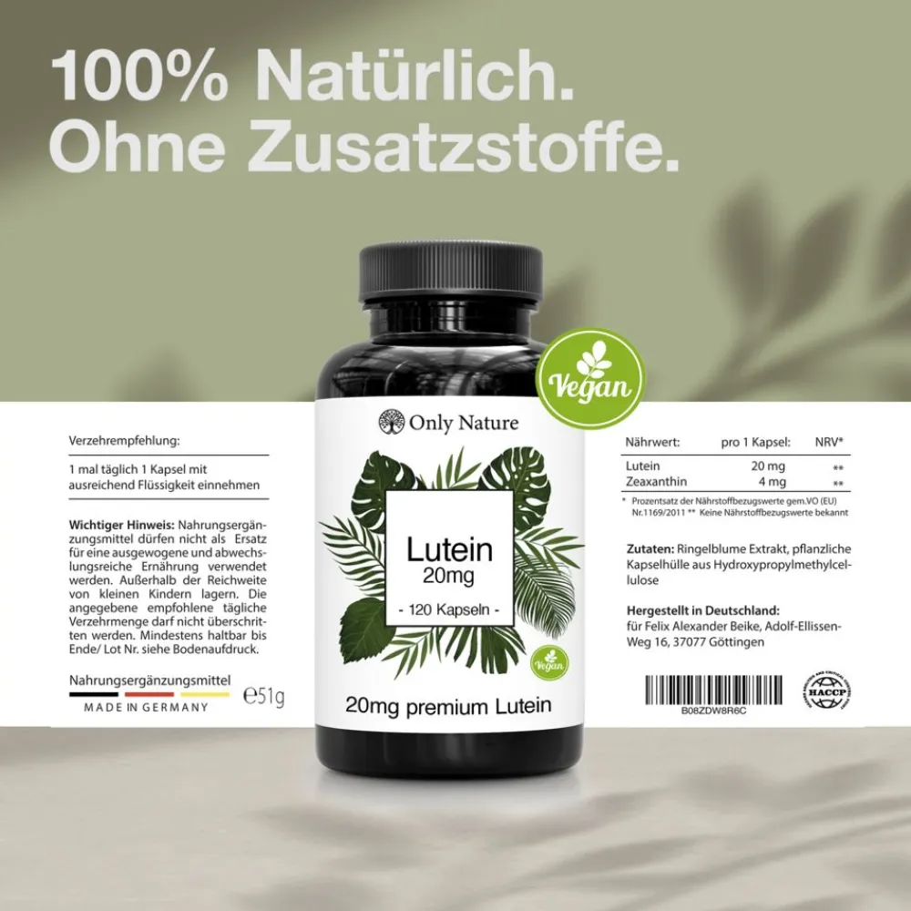 Only Nature® Lutein 20mg (4 mg Zeaxanthin) in Deutschland produziert & laborgeprüfte Augenkapseln> Discount