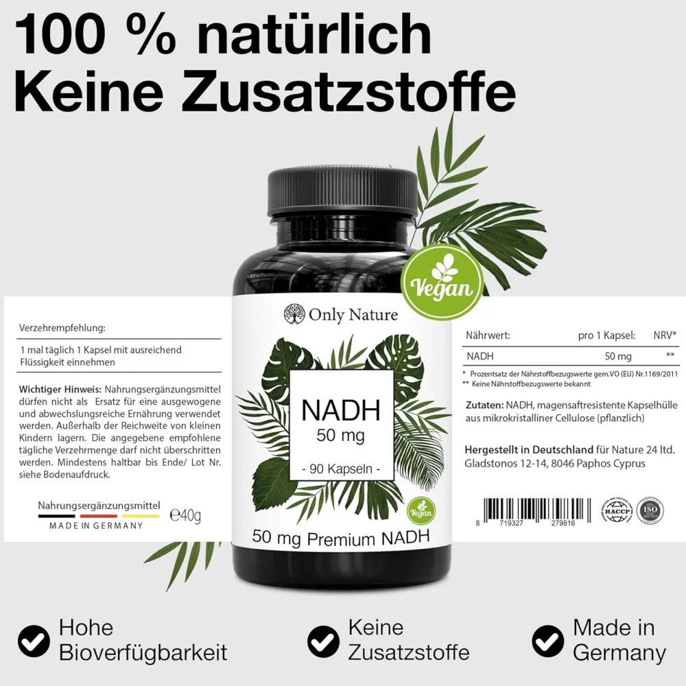 Only Nature® NADH 50mg Kapseln - Aktive Form von NAD - Apothekenqualität in Deutschland produziert| New