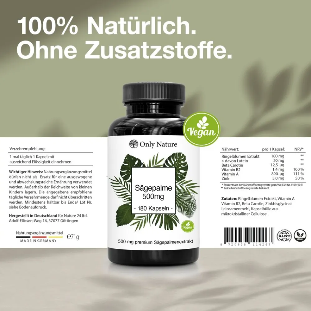 Only Nature® Sägepalmenextrakt 500 mg - in Deutschland produziert - Sägepalme Prostata Kapseln| Outlet
