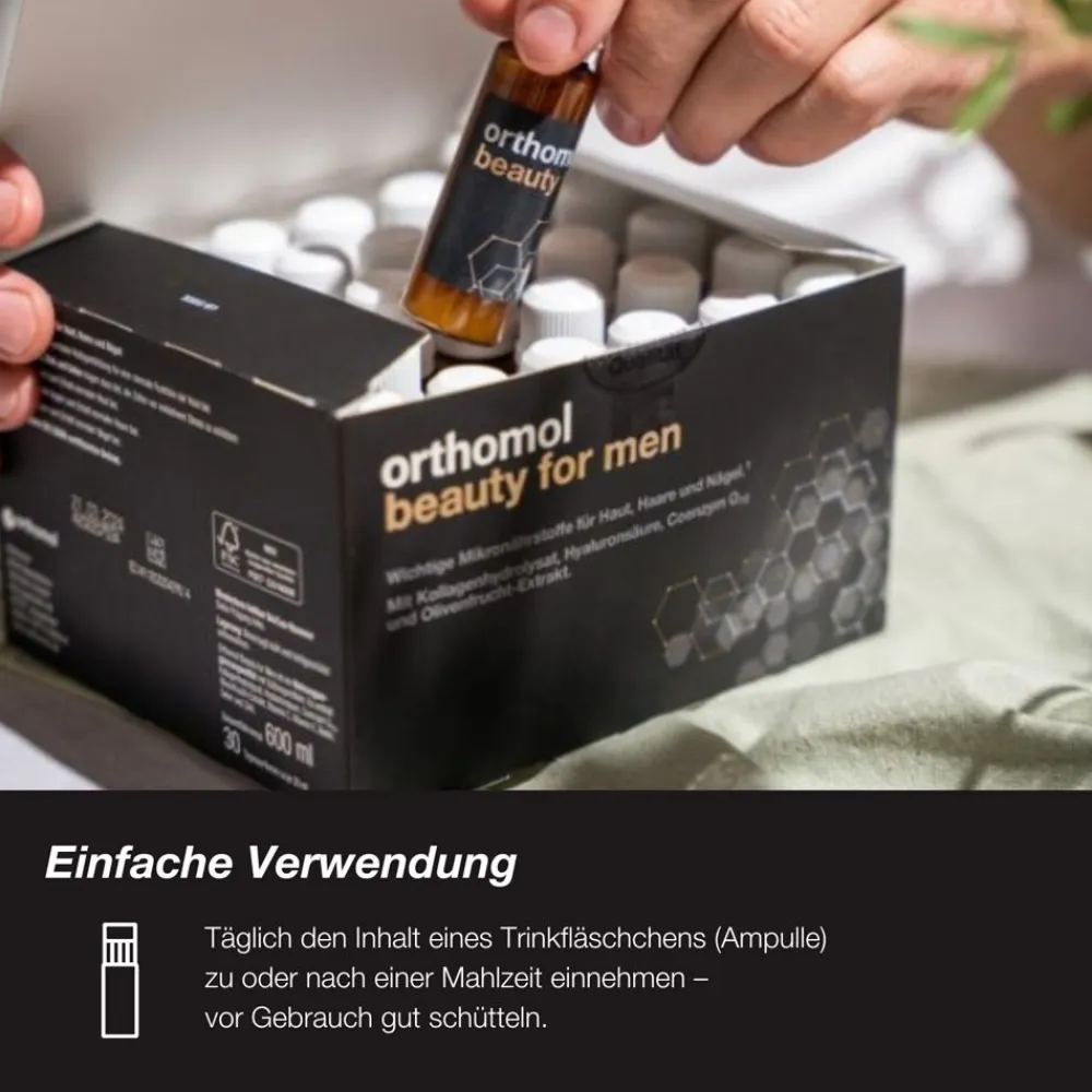 Beauty for Men - für Haut, Haare und Nägel, mit Hyaluronsäure, Kollagen und Coenzym Q10 - Trinkampullen>Orthomol Online