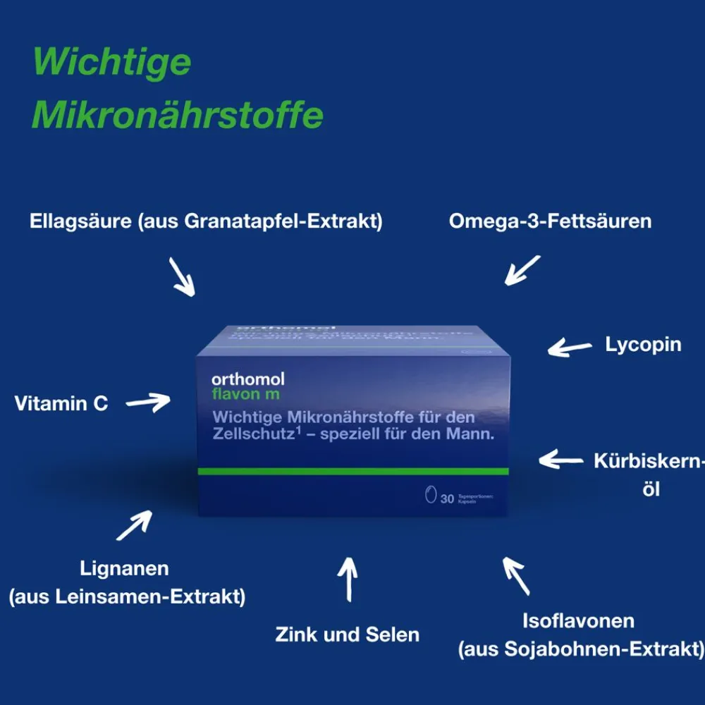 Flavon m - Mikronährstoffe für Männer - Zellschutz mit Vitaminen, Selen, Zink, Omega-3-Fettsäure und Folsäure - Kapseln|Orthomol Online