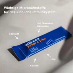 junior C plus - mit Vitamin C als Beitrag zu einer normalen Funktion des Immunsystems - Himbeer/Limetten-Geschmack - Direktgranulat|Orthomol Sale